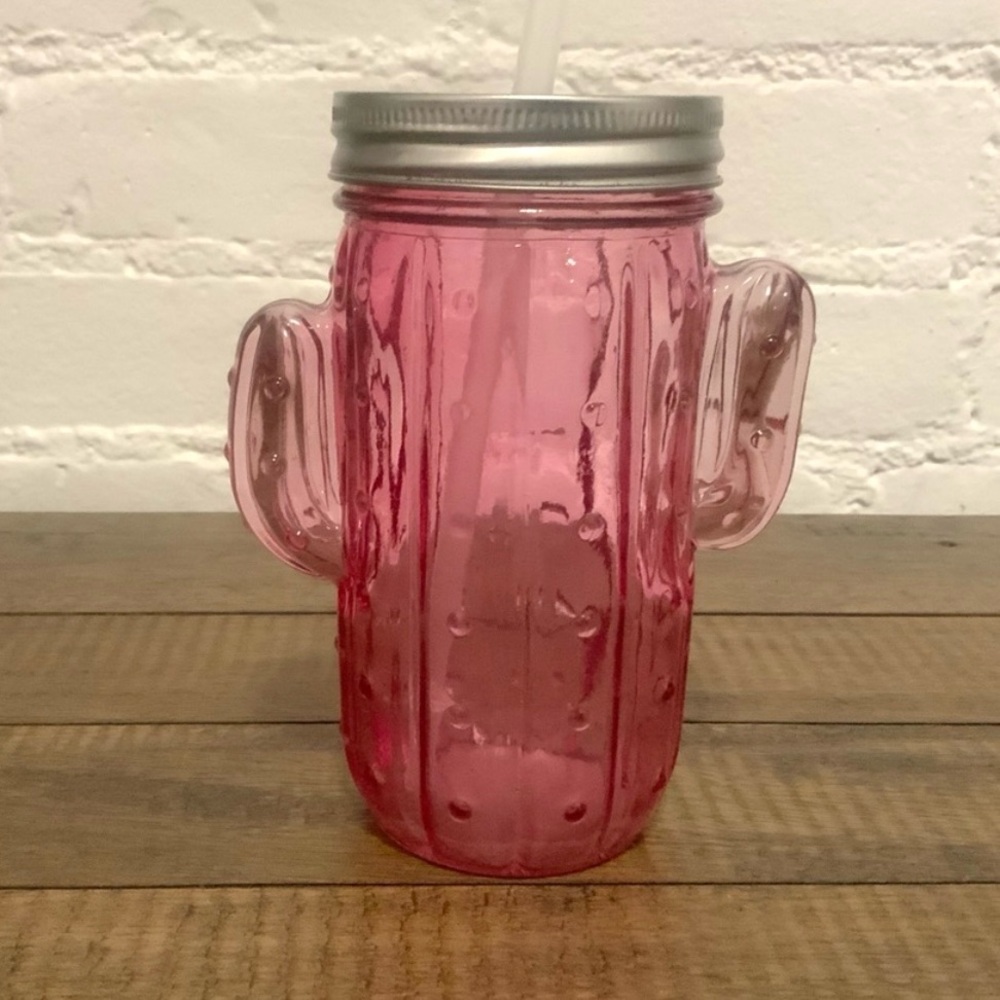 Pier 1 Imports Glass Tumbler Pink Cactus Shape Mason Jar Drinkware 16fl oz